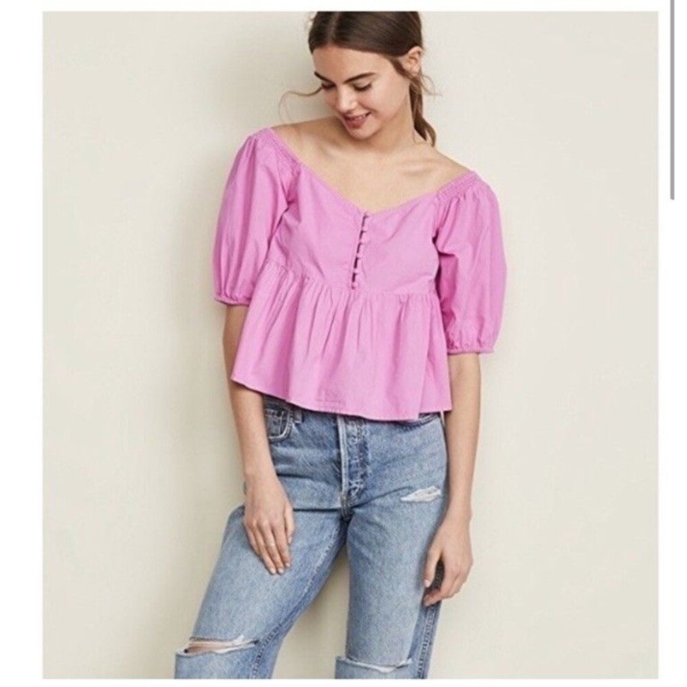 Free People Pink Button Veronica Flowy Boho ShirtPuffy Sleeves L Womens  Peplum